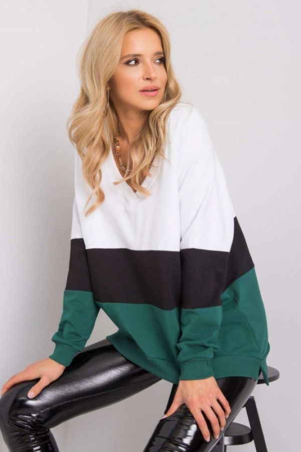 Bluza w kolorze zielonym oversize w pasy dekolt w serek v-neck iduna