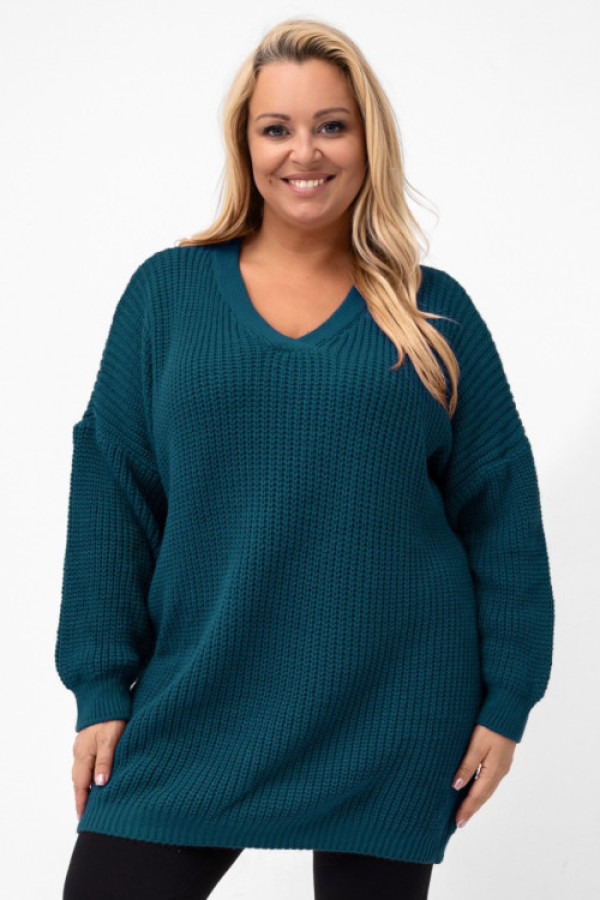 Długi sweter damski oversize w kolorze morskim dekolt v leon