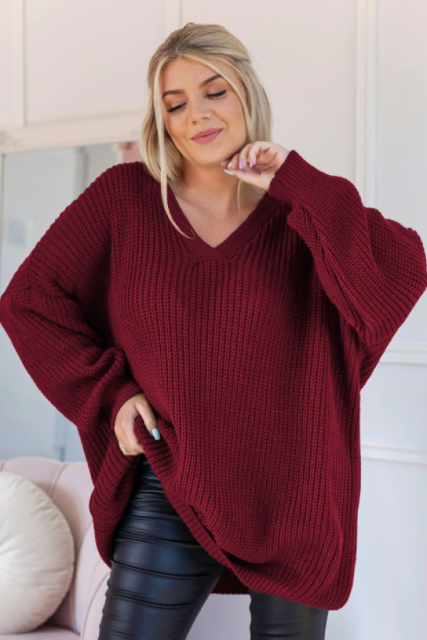 Długi sweter damski oversize w kolorze burgundowym dekolt v leon