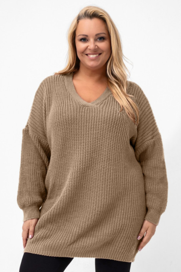 Długi sweter damski oversize w kolorze fango dekolt v leon