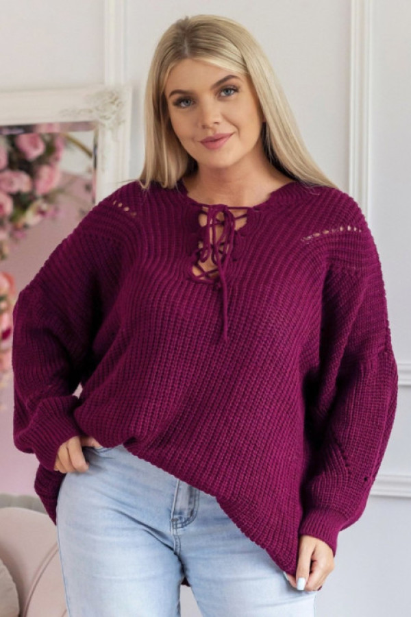 Długi sweter damski oversize w kolorze amarantowym sznurowany dekolt dante