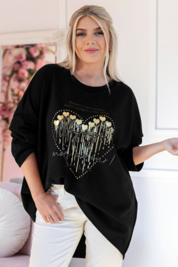 Tunika plus size w kolorze czarnym złoty nadruk serduszka dżety voyage