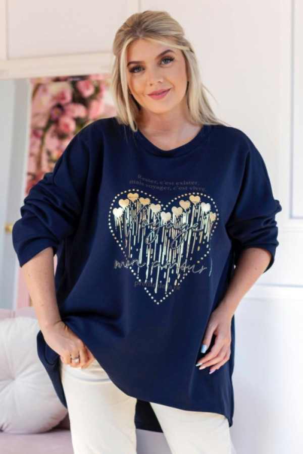 Tunika plus size w kolorze granatowym złoty nadruk serduszka dżety voyage