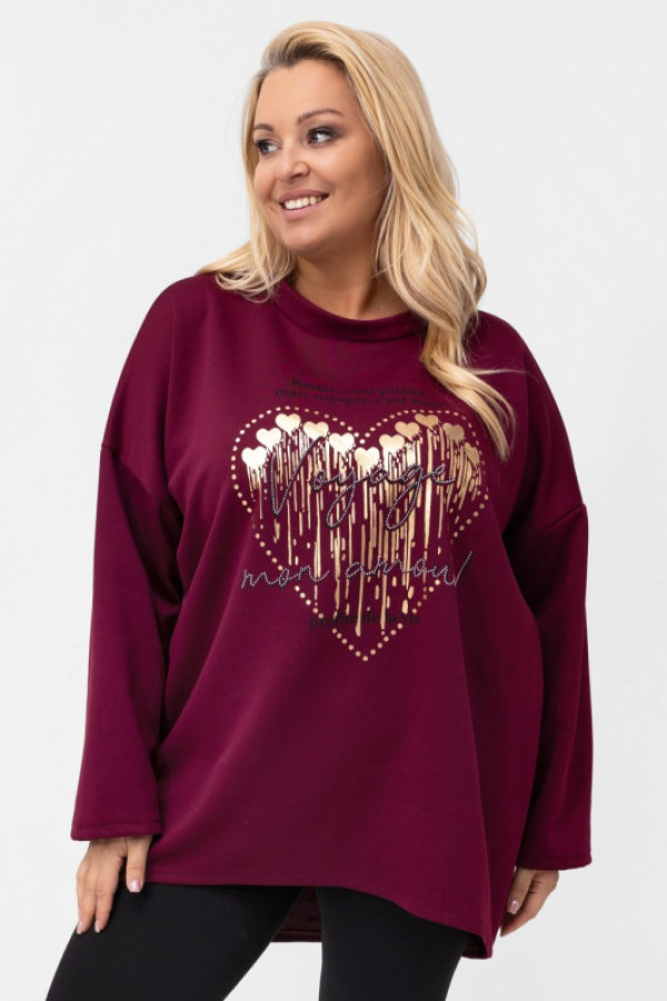 Tunika plus size w kolorze burgundowym złoty nadruk serduszka dżety voyage