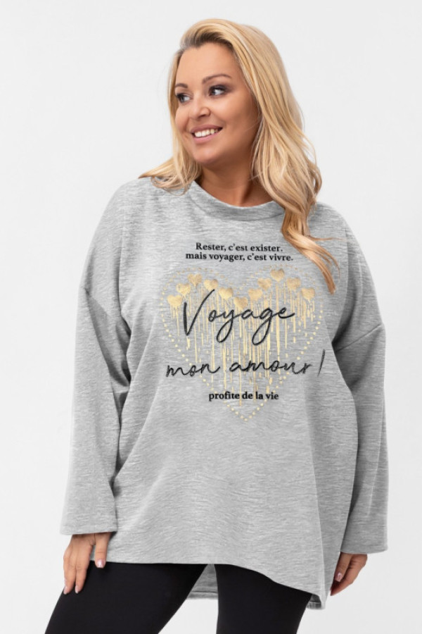 Tunika plus size w kolorze szary melanż złoty nadruk serduszka dżety voyage