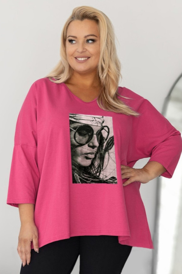 Tunika plus size w kolorze koralowym oversize dekolt v nadruk kobiety jolly