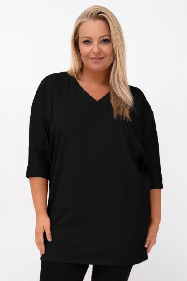 Luźna tunika damska w kolorze czarnym rękaw 3/4 dekolt v felido