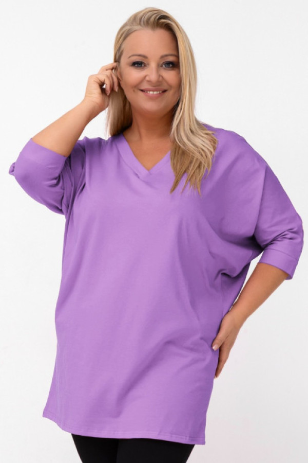 Luźna tunika damska w kolorze fioletowym rękaw 3/4 dekolt v felido