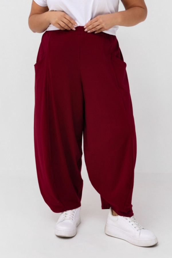 Szerokie spodnie damskie balloon w kolorze burgundowym kieszenie padro