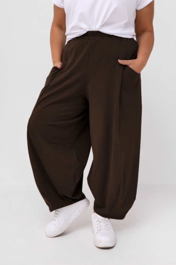 Szerokie spodnie damskie balloon w kolorze czekoladowym kieszenie padro