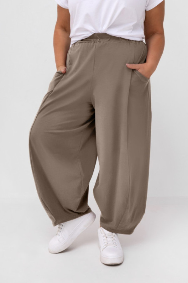 Szerokie spodnie damskie balloon w kolorze fango kieszenie padro