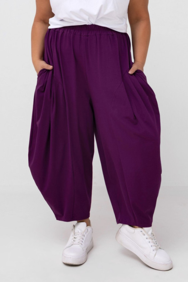 Szerokie spodnie damskie balloon w kolorze amarantowym kieszenie przeszycia tufan