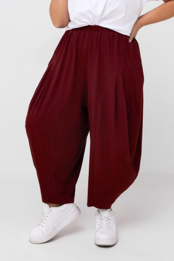 Szerokie spodnie damskie balloon w kolorze burgundowym kieszenie przeszycia tufan
