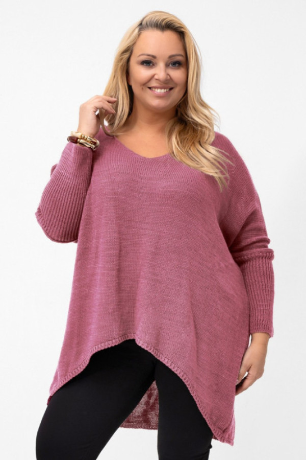 Sweter damski oversize w kolorze indyjski róż asymetryczne boki dekolt v aries