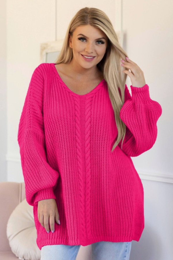 Mega oversize sweter damski w kolorze neon róż dekolt v wzór melena