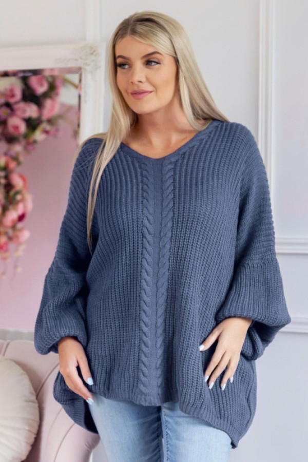 Mega oversize sweter damski w kolorze denim dekolt v wzór melena