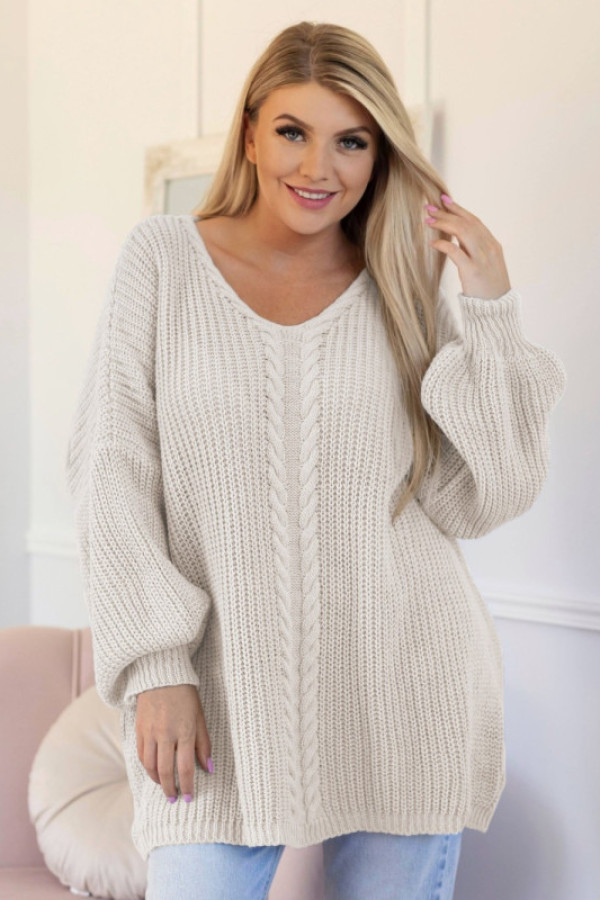 Mega oversize sweter damski w kolorze jasnobeżowym dekolt v wzór melena