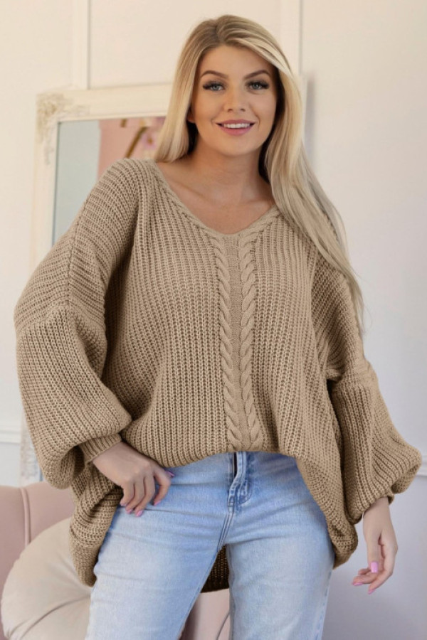 Mega oversize sweter damski w kolorze beż fango dekolt v wzór melena