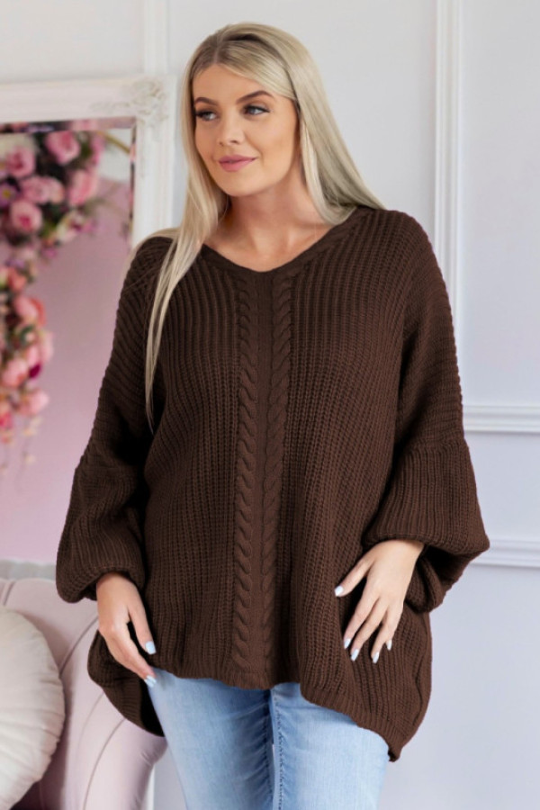 Mega oversize sweter damski w kolorze czekoladowym dekolt v wzór melena