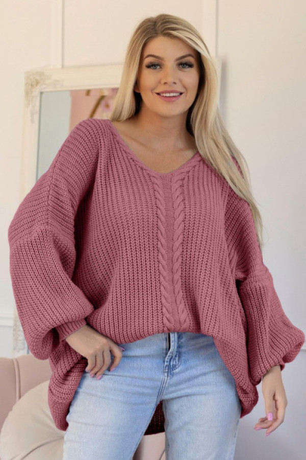 Mega oversize sweter damski w kolorze indyjskiego różu dekolt v wzór melena