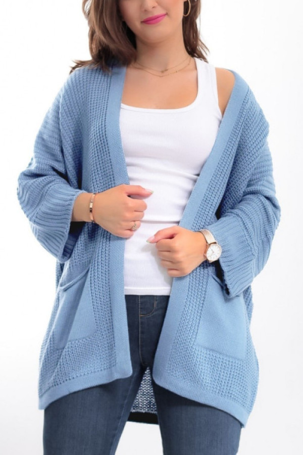 Kardigan sweter damski w kolorze błękitnym z kieszeniami luźna narzutka parma