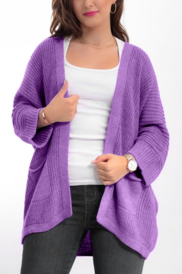 Kardigan sweter damski w kolorze fioletowym z kieszeniami luźna narzutka parma