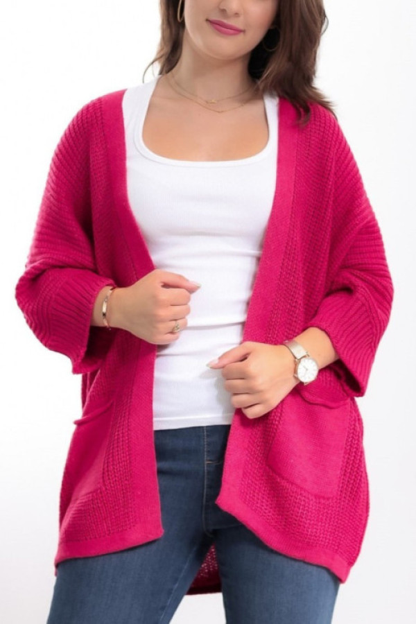 Kardigan sweter damski w kolorze fuksji z kieszeniami luźna narzutka parma