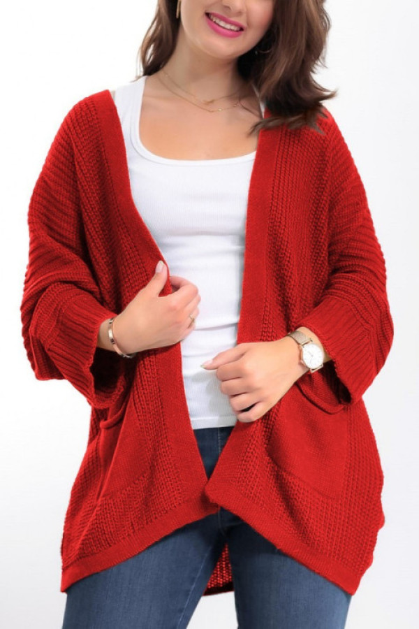Kardigan sweter damski w kolorze czerwonym z kieszeniami luźna narzutka parma