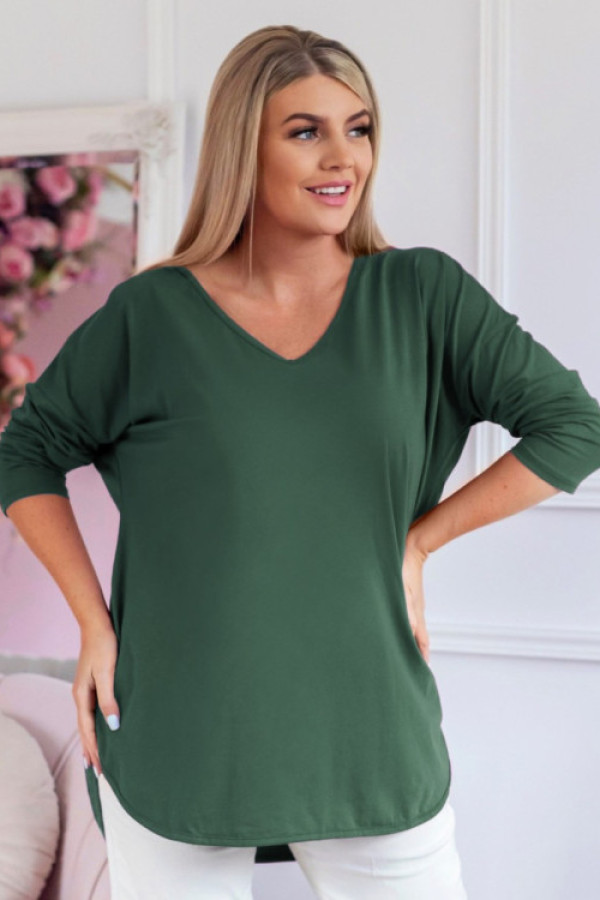 Casualowa damska bluzka w kolorze zielonego mchu dłuższy tył dekolt v serek chandi