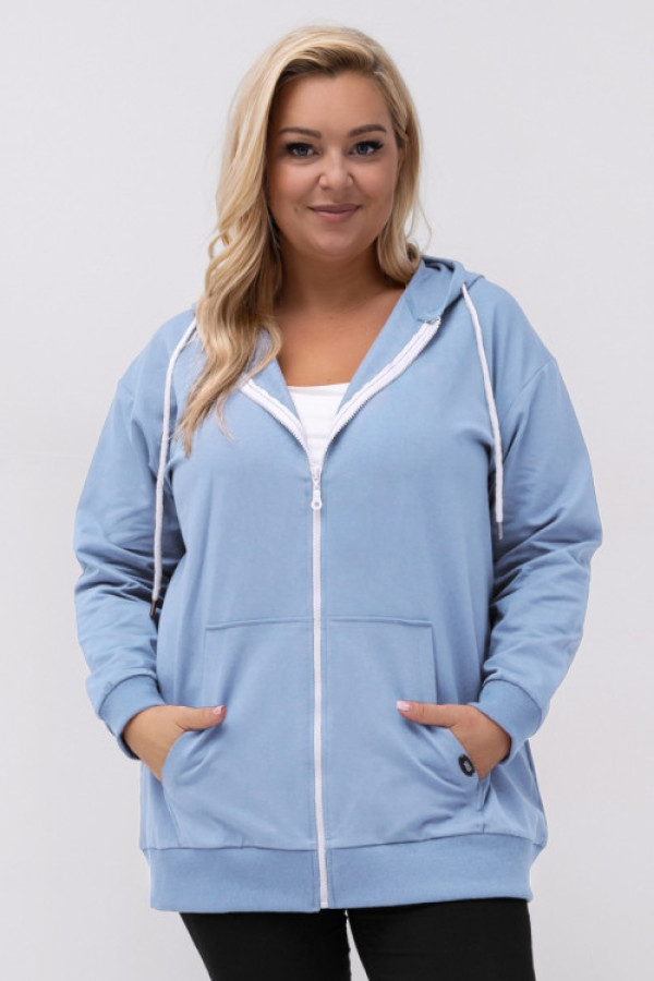 Ciepła bluza damska oversize w kolorze błękitnym rozpinana kaptur figaro