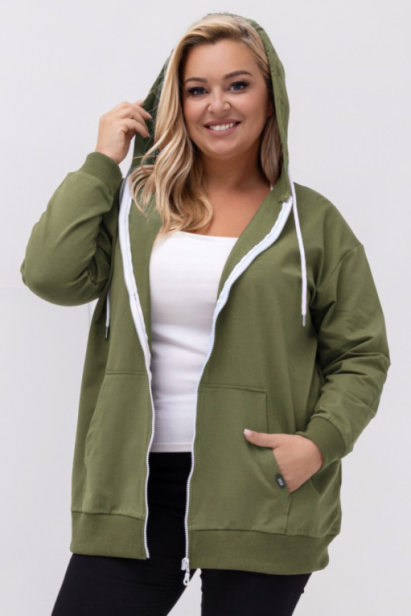 Ciepła bluza damska oversize w kolorze khaki rozpinana kaptur figaro