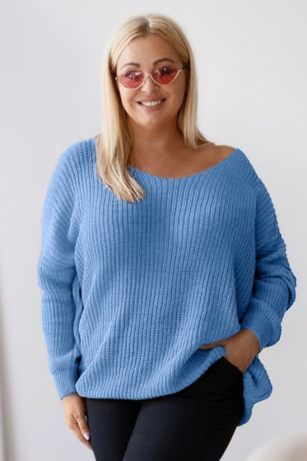 Duży oversize sweter damski w kolorze niebieskim dekolt v nietoperz vanesa