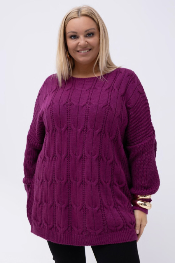 Sweter damski oversize w kolorze amarantowym długi rękaw ozdobny wzór iruna