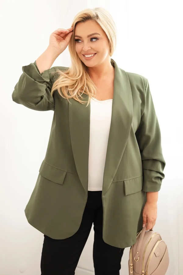 Elegancka marynarka damska plus size w kolorze khaki marszczone rękawy izaura