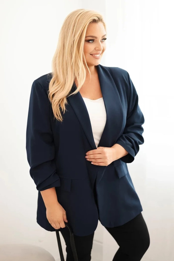Elegancka marynarka damska plus size w kolorze granatowym marszczone rękawy izaura
