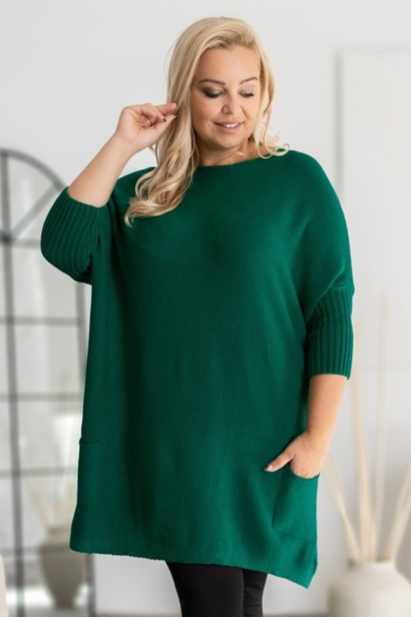 Mega oversize sweter damski w kolorze butelkowym ściągacze kieszonki gopi