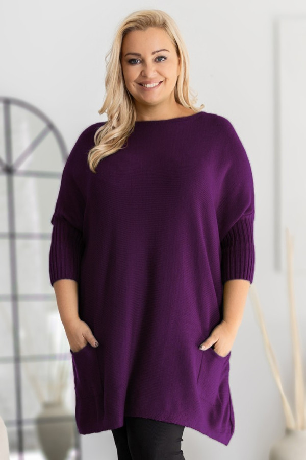 Mega oversize sweter damski w kolorze śliwkowym ściągacze kieszonki gopi