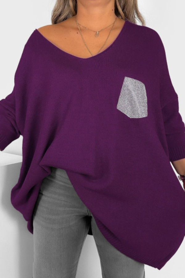 Mega oversize sweter damski w kolorze śliwkowym dekolt v kieszonka luiza