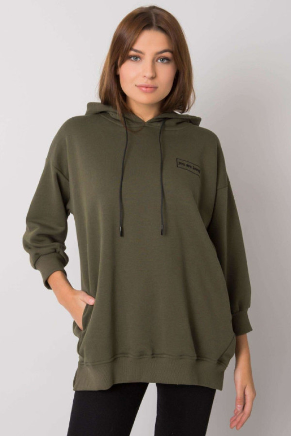 Bluza damska z kapturem w kolorze khaki ozdobny napis kieszenie leora