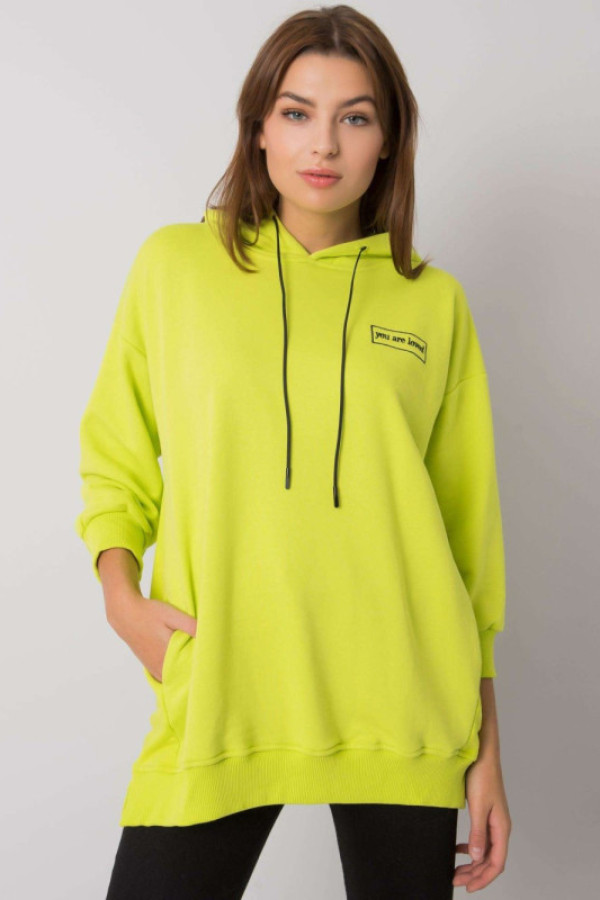 Bluza damska z kapturem w kolorze limonkowym ozdobny napis kieszenie leora