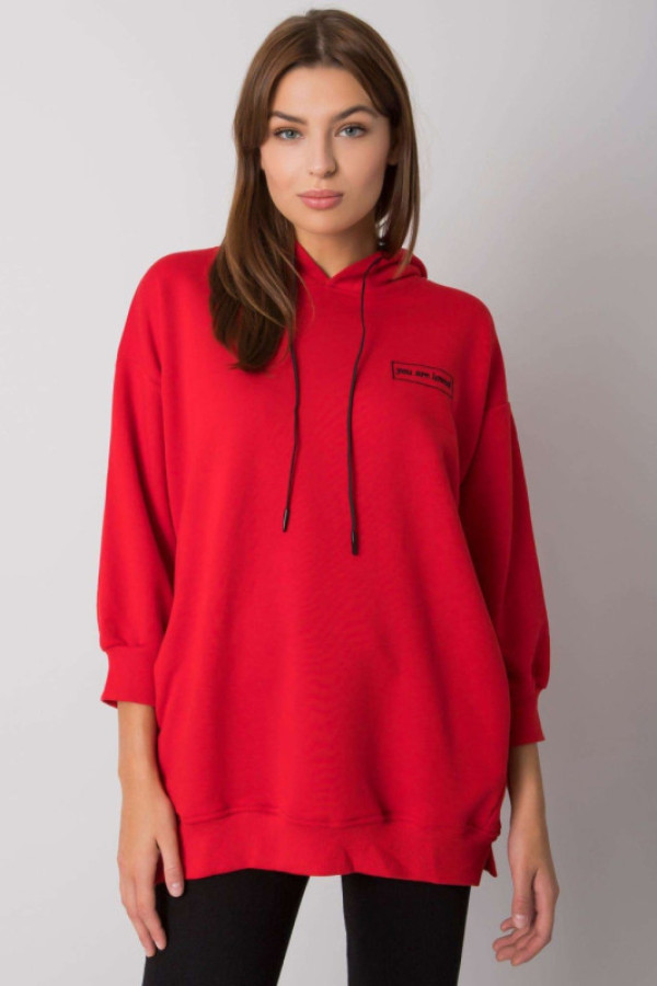 Bluza damska z kapturem w kolorze czerwonym ozdobny napis kieszenie leora
