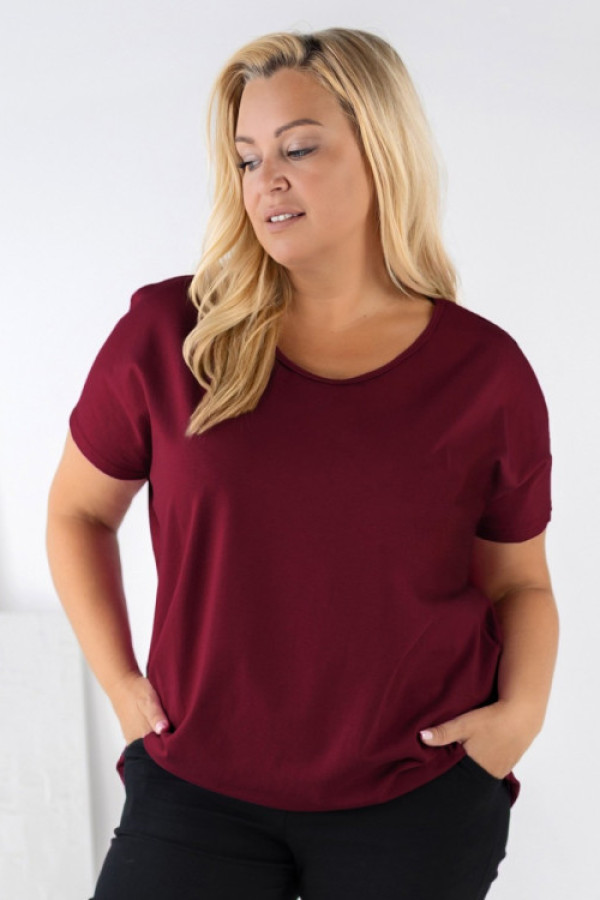T-shirt damski plus size w kolorze burgundowym okrągły dekolt milos