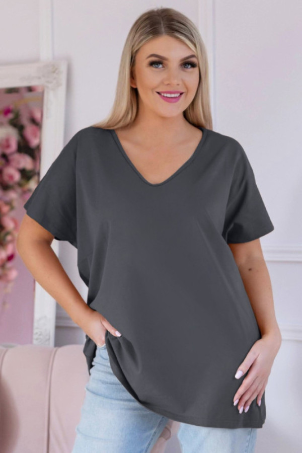T-shirt damski plus size w kolorze stalowy szary dekolt w serek foxi