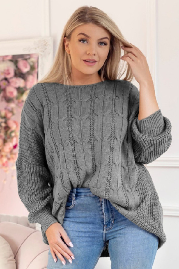Sweter damski oversize w kolorze grafitowym długi rękaw ozdobny wzór iruna