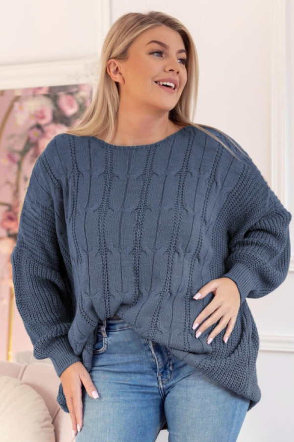 Sweter damski oversize w kolorze denim długi rękaw ozdobny wzór iruna