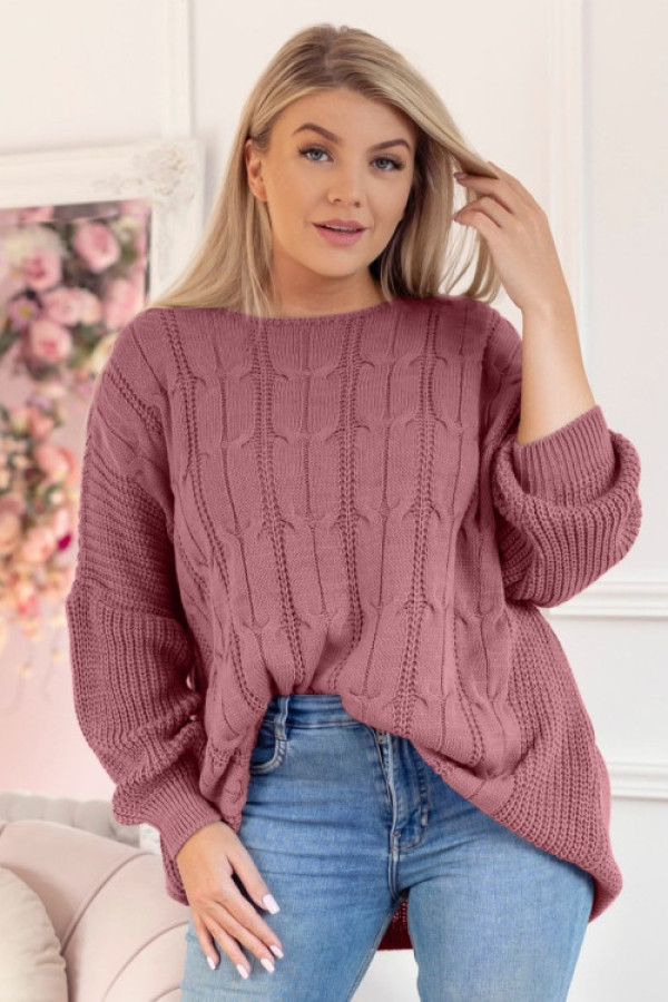 Sweter damski oversize w kolorze indyjskiego różu długi rękaw ozdobny wzór iruna