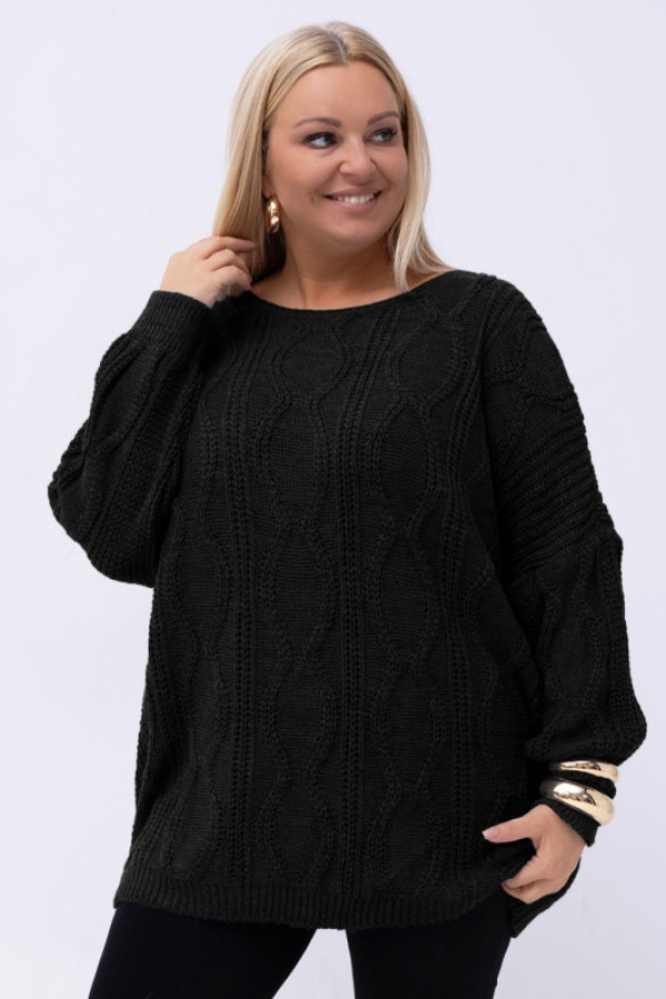 Sweter damski oversize w kolorze czarnym długi rękaw ozdobny wzór odetta