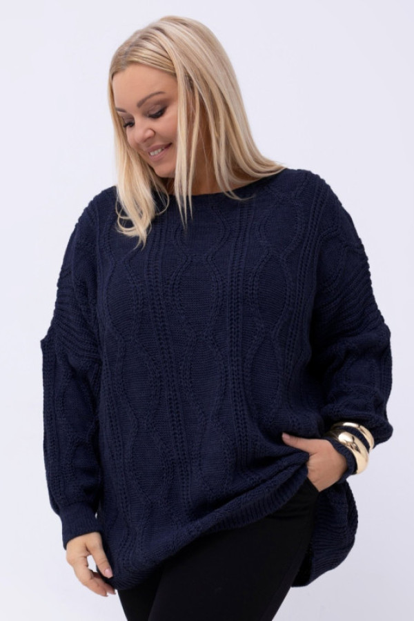 Sweter damski oversize w kolorze granatowym długi rękaw ozdobny wzór odetta