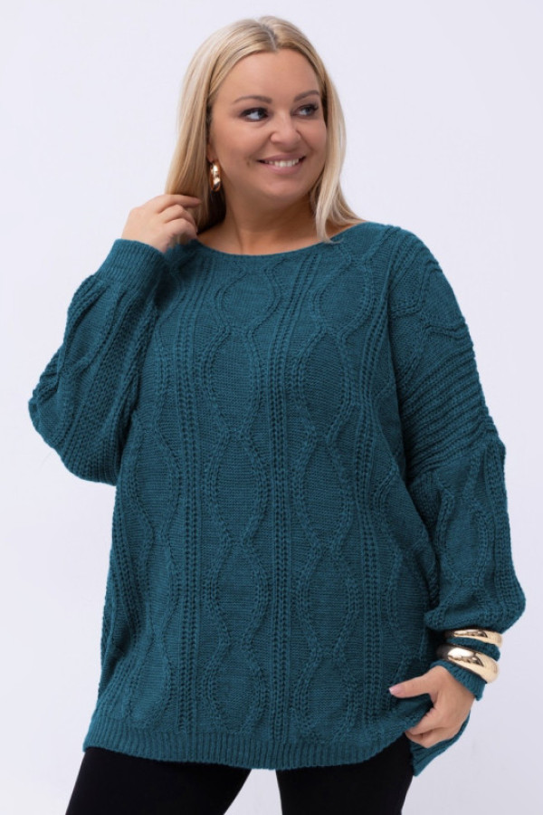 Sweter damski oversize w kolorze morskim długi rękaw ozdobny wzór odetta