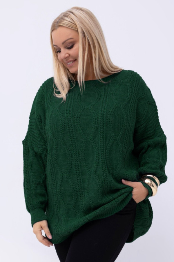 Sweter damski oversize w kolorze butelkowym długi rękaw ozdobny wzór odetta